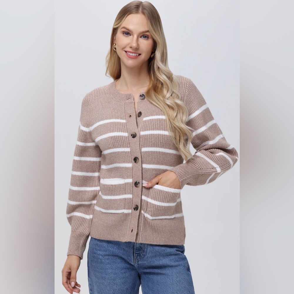 JOSIE crewneck striped cardigan NWT light taupe multi